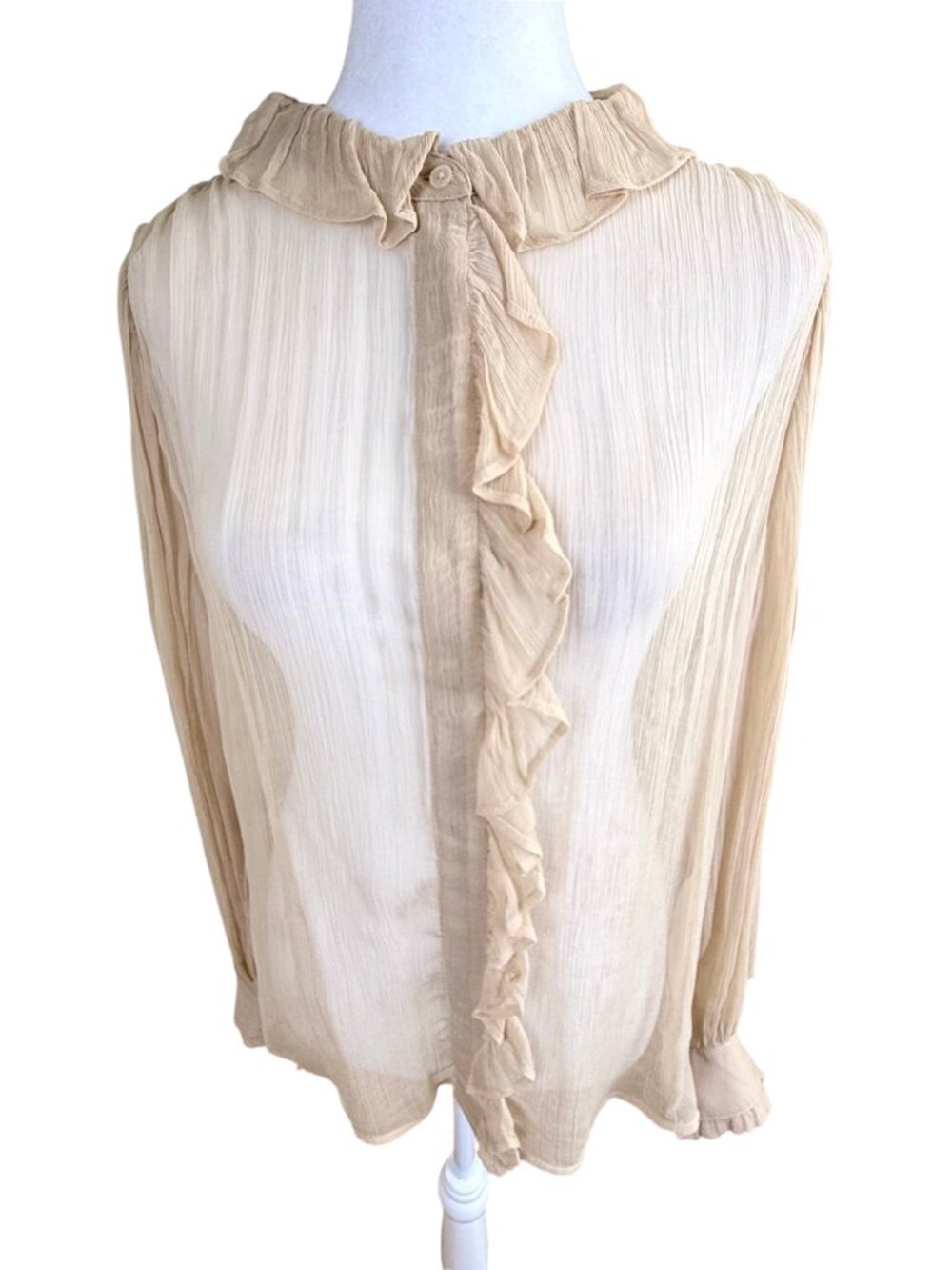 J. Crew Blouse Sheer Feminine Tan Ruffle Neck Cupro 2024 (6) NWT